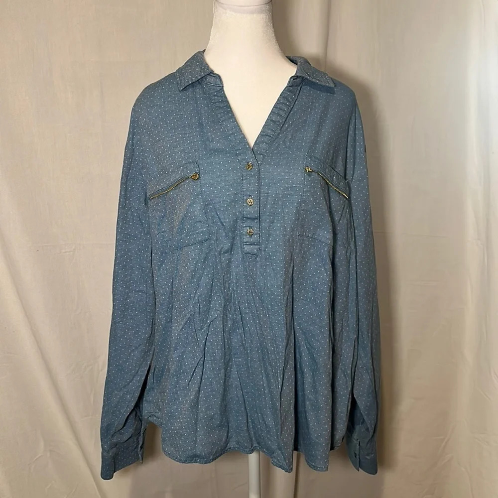 polka dot chambray Anne Klein long sleeve top size 2x